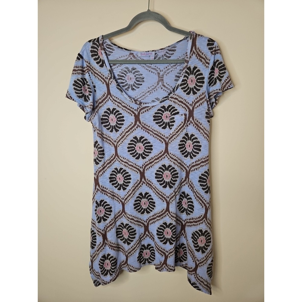 Fresh Produce Blouse Small Blue Floral Assymetric Hem 100% Cotton Coastal USA